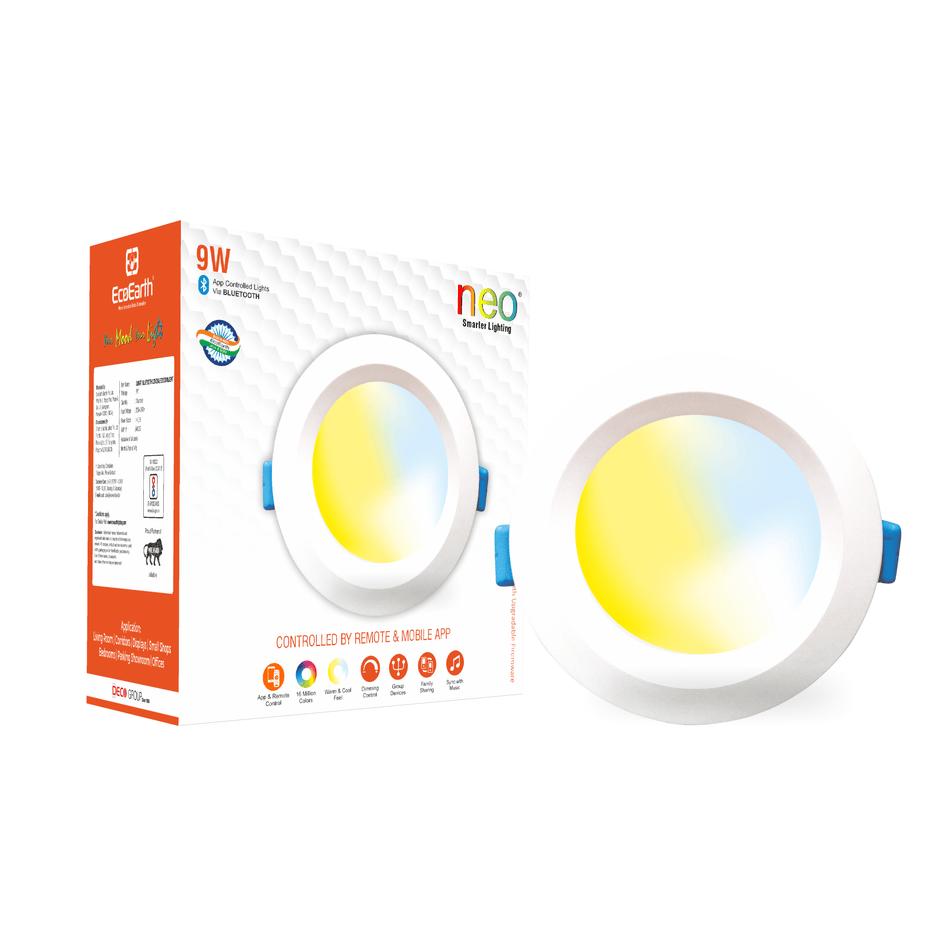 EcoEarth Neo Smart Bluetooth Concealed Light | Recessed Light | App & Remote Control Light| 9W |  Warm to Cool Feel + 16 Millions Colors