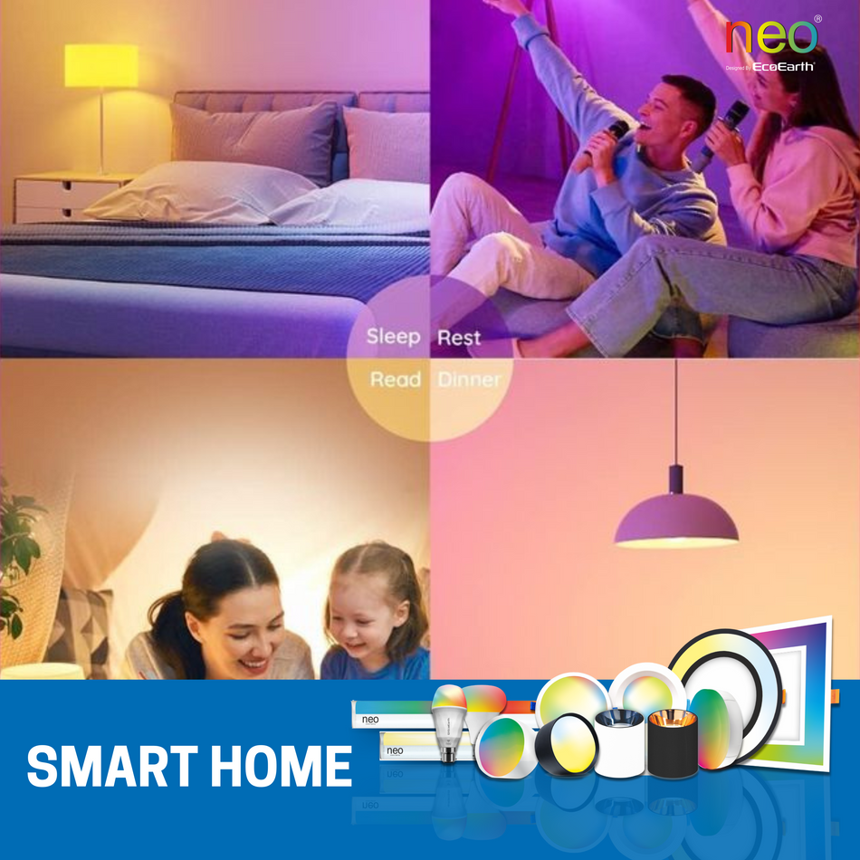 "EcoEarth Neo Smart Lights enhancing a stylish living room with vibrant, adjustable lighting, perfect for creating the ideal smart home ambiance."