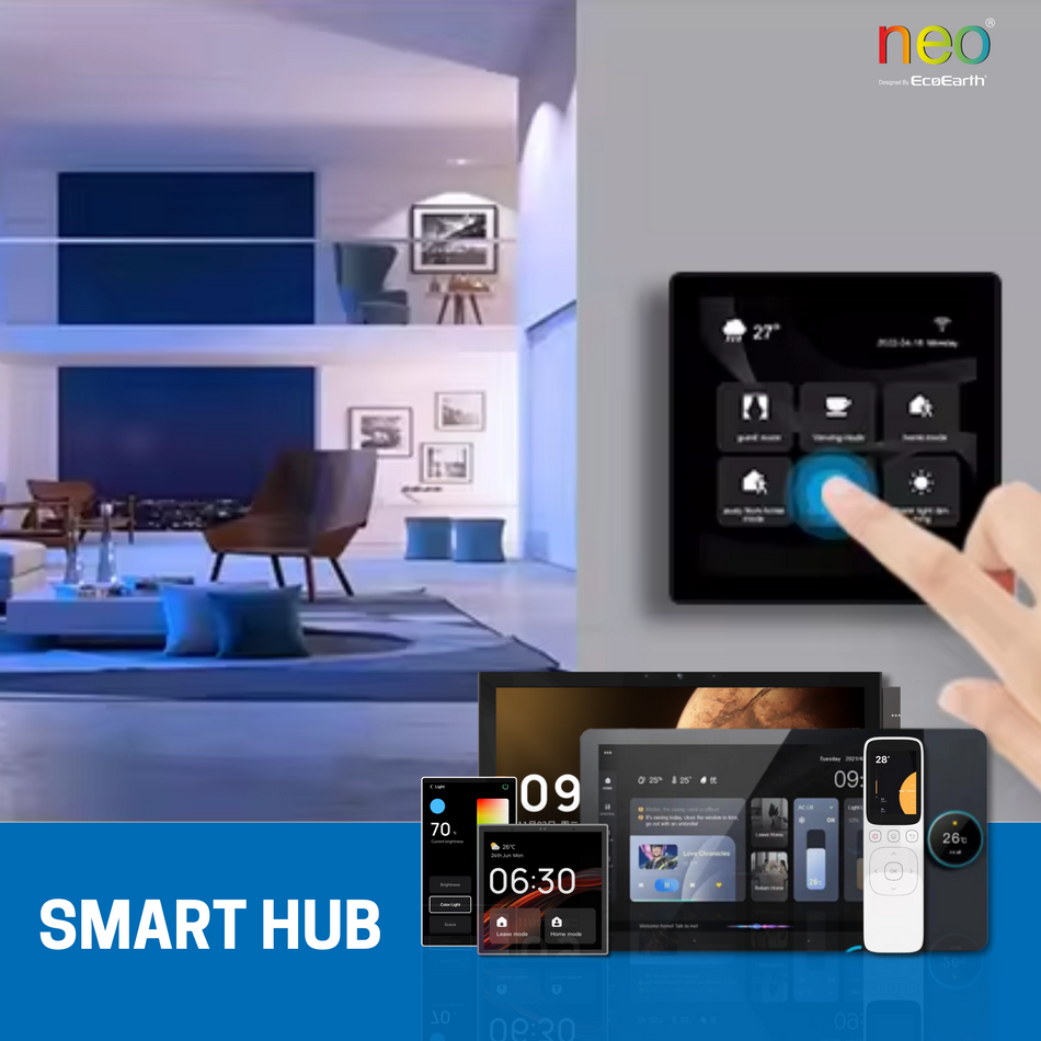 "EcoEarth Neo Smart Lights connected to a smart hub, demonstrating seamless control and integration for a customizable home lighting experience."